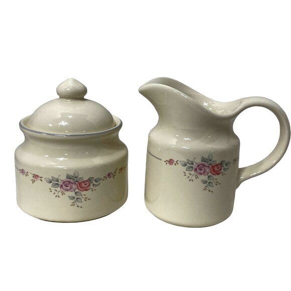 Pfaltzgraff Floral Creamer & Sugar Set Lid Pastel Roses Trousseau Retired - Picture 2 of 4
